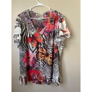 Y2K One World Butterfly Floral Zebra Print  Tunic Top Women's 3X Indie Boho